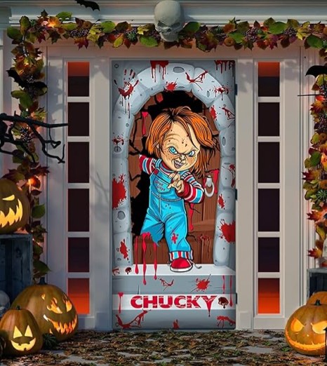 Horror Movie Decorations Chucky Halloween Door Backdrop Decorations Horror Movie Scary Classic Character Party Photo Background Banner for Halloween Eve Party Supplies