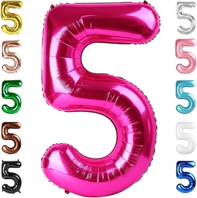 5 balloon, hot pink number balloon 40 inch for birthday decorations, 5 large foil balloon numbers, 5th mylar giant birthday balloon for boy girls women men