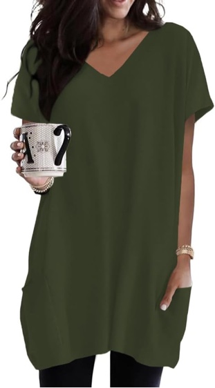 Poetsky Summer Womens Tunic Tops for Leggings with Pockets Vneck Short Sleeve Casual Long T Shirts (Large)