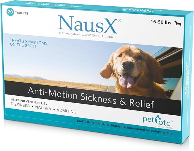 NausX Anti-Motion Sickness and Nausea Relief for Medium Breed Dogs, Relief for Disorientation and Dizziness, 20 Tablets