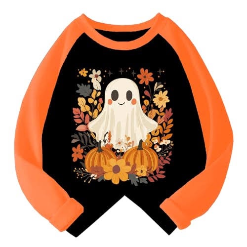 Kids Halloween Shirt Boys Girls Pumpkin Ghost Halloween Graphic Tees Raglan Toddler Long Sleeve T-Shirt Tops
