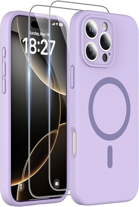 cufelf magnetic for iphone 16 pro case(compatible with magsafe) full camera protection,2+full coverage screen protector,translucent matte,military drop protection phone case,6.3",purple