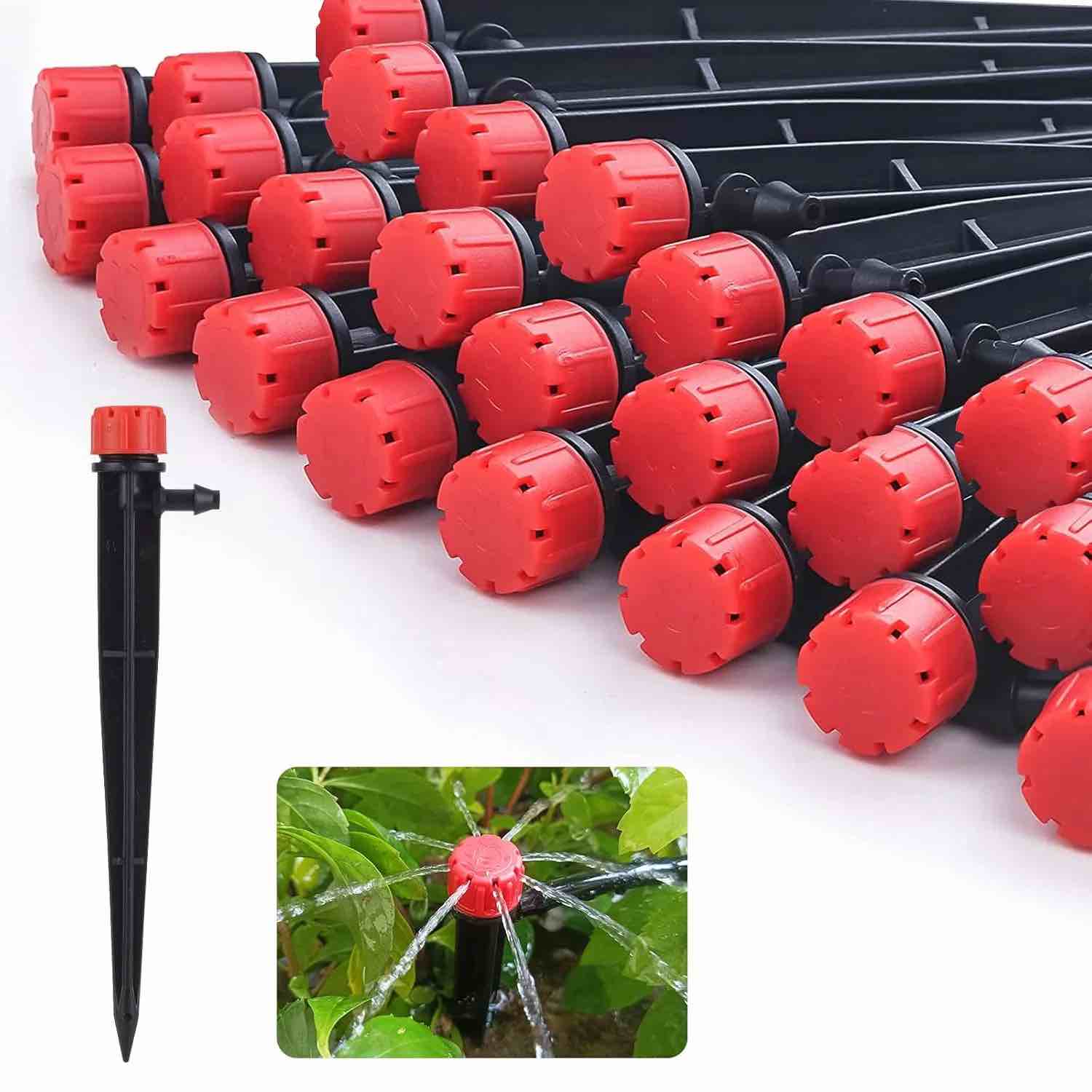 100pcs drip irrigation emitters, kalolary adjustable 360 degree water flow drippers emitters for 1/4" drip irrigation system tubing, garden irrigation drippers for house garden flower beds(red)