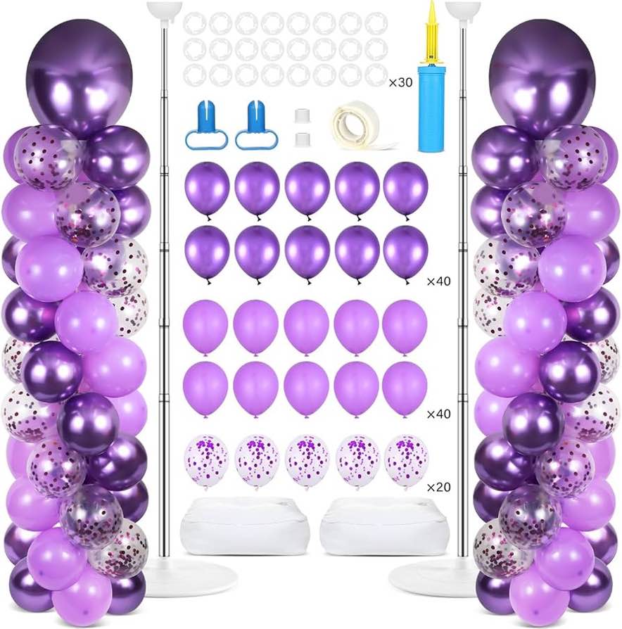 2 Set Purple Balloon Column Stand Kit, 110 Balloons Adjustable Balloon Column Tower Stand Bases for Floor Confetti Metallic Lavender Purple Balloon Arch for Birthday Wedding Christmas Shower Party