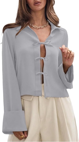 EVALESS Tie Front Shirt — Going Out Top Spring Summer Outfits Trendy 2025 (Light Grey, Medium)