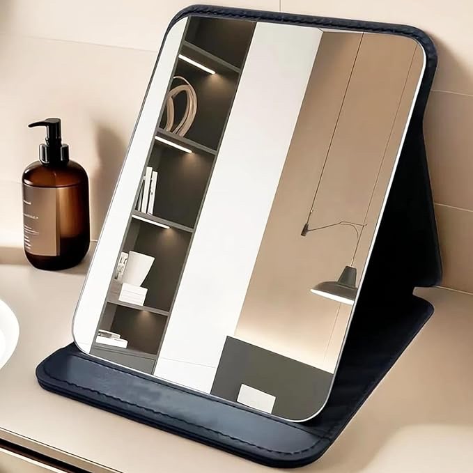 WIYIXI Travel Makeup Mirror PU Leather with Adjustable Stand - Desktop Portable Vanity Mirror for Travel, Camping, Office, 6.1x8.3 Inches (Black)