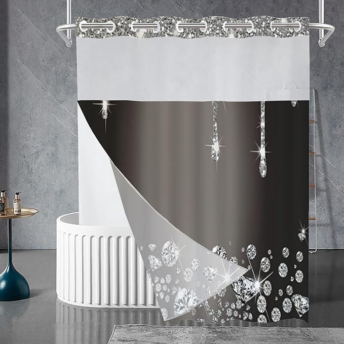 Surun 71" x 74" No Hook Shower Curtain - Double Layer, Waterproof Inner Liner, See-Through Top, Washable (Black)