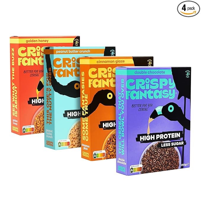 Crispy Fantasy High Protein Cereal, Variety Pack, Gluten Free, Vegan, Low Sugar, Protein Snacks, High Fibre, Plant Based, Just Add Milk, Healthy Breakfast for Kids & Adults, (4 Boxes x 9 Oz)