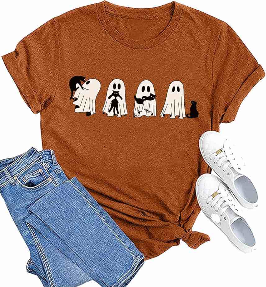 (X-Large) Halloween Ghost Shirt for Women Funny Spooky Season T Shirts Vintage Ghost Short Sleeve Tops