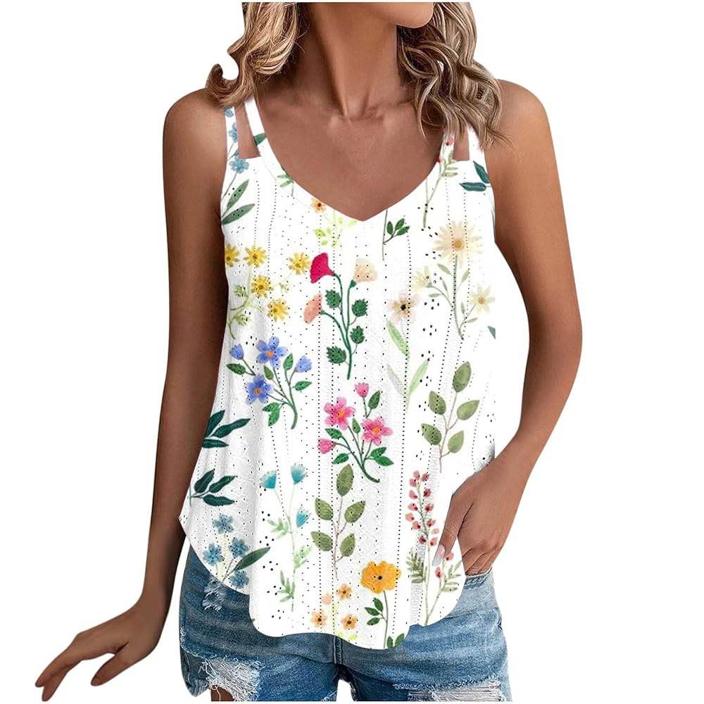 MEROKEETY Women's Summer Floral Tank Tops 2025 Vacation Boho Casual Loose Beach Sleevless Shirts, White, Medium