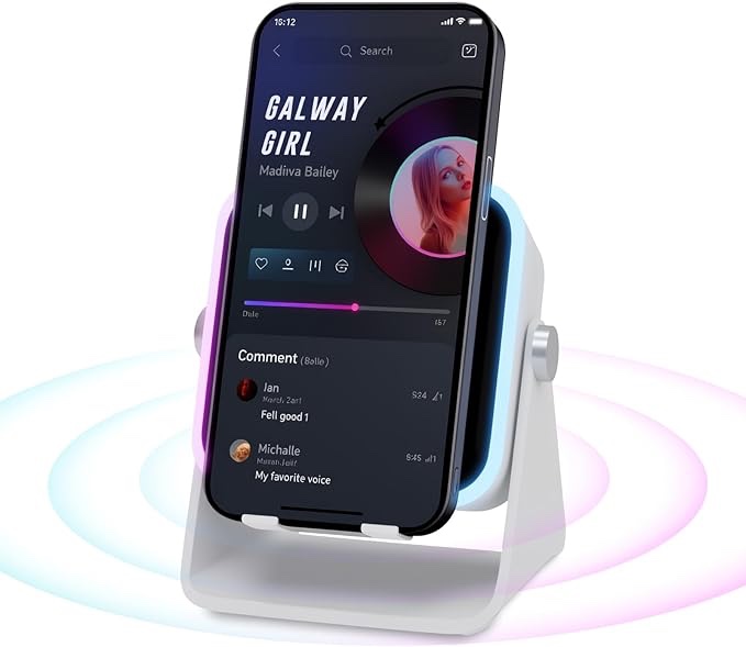 Wireless Induction Speaker with 360° Adjustable Phone Stand, 5-In-1 Portable Bluetooth Speaker, Wireless Induction Bluetooth Audio Amplifier for Home/Outdoor, Christmas/Birthday Ideas Gifts (White)