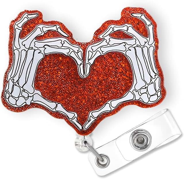 Skeleton Heart Hands Badge Reel Holder Retractable with Swivel Alligator Clip for Nurse Name Tag Card Nursing for Doctor Teacher Student Employee Office Medical Work