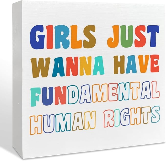 Feminist Desk Wooden Box Sign Decor, Feminist Womens Rights Decorations for Home Office Girl Bedroom, Feminist Gifts, Women Empowerment Gifts, Girls Just Want to Have Fundamental Human Rights
