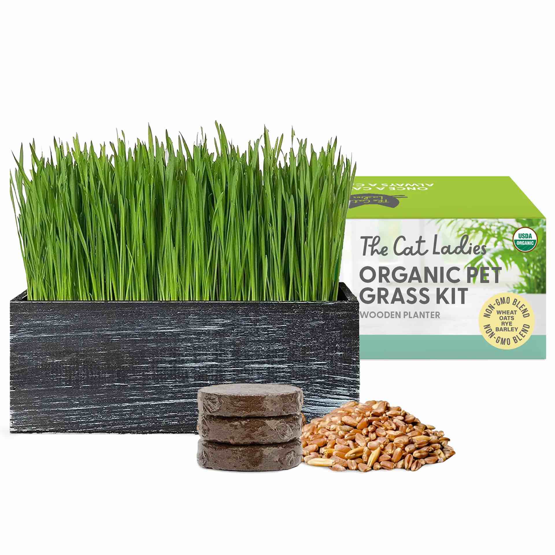 The Cat Ladies Cat Grass Kit with Rustic Wood Planter, Seed and Soil. Easy to Grow for Indoor or Outdoor Cats, Dogs and Other Pets. Prevent Hairballs and Aid Digestion