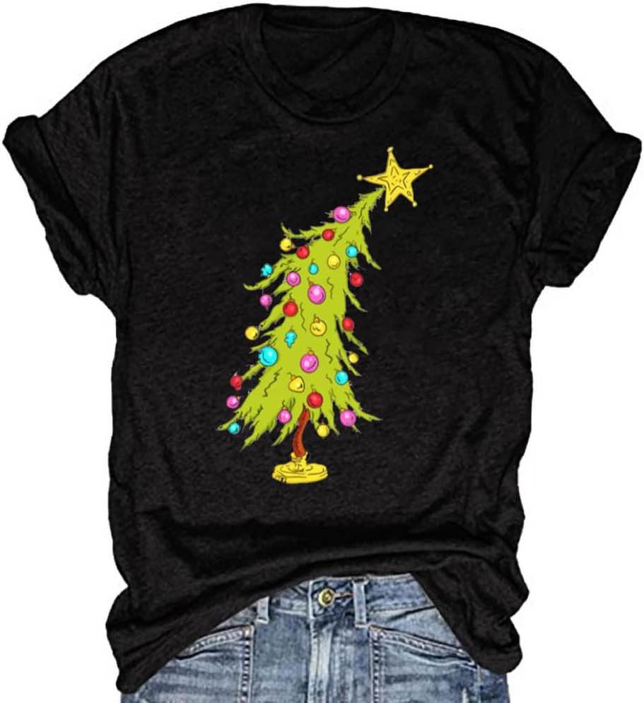 Beopjesk Christmas Shirts Womens Leopard Plaid Trees Printed Casual Short Sleeve Graphic Tees Tops(722-Tree-Green,S), Small