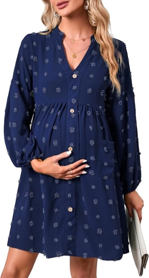 kojooin womens maternity swiss dot dress v neck long sleeve button down mini dress baby shower photoshoot with pockets