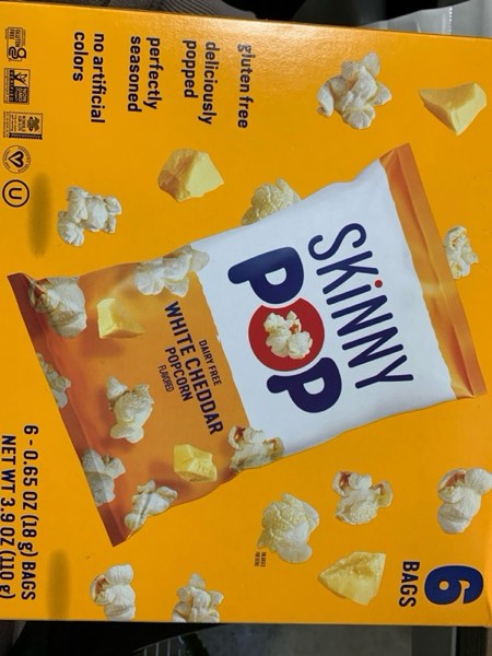 Condition photo showing New/Like New for SkinnyPop Popcorn, White Cheddar, Whole Grain, Dairy-Free Snack, 0.65oz Bags (6ct) Cheddar-Cheese 0.65 Ounce (Pack of 6)