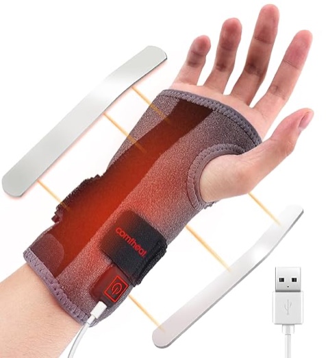 comfheat heating wrist brace for carpal tunnel pain with wrist splint, usb heated wrist wrap support for pain relief of arthritis, tendonitis, sprained wrist, typing, adjustable right hand left hand