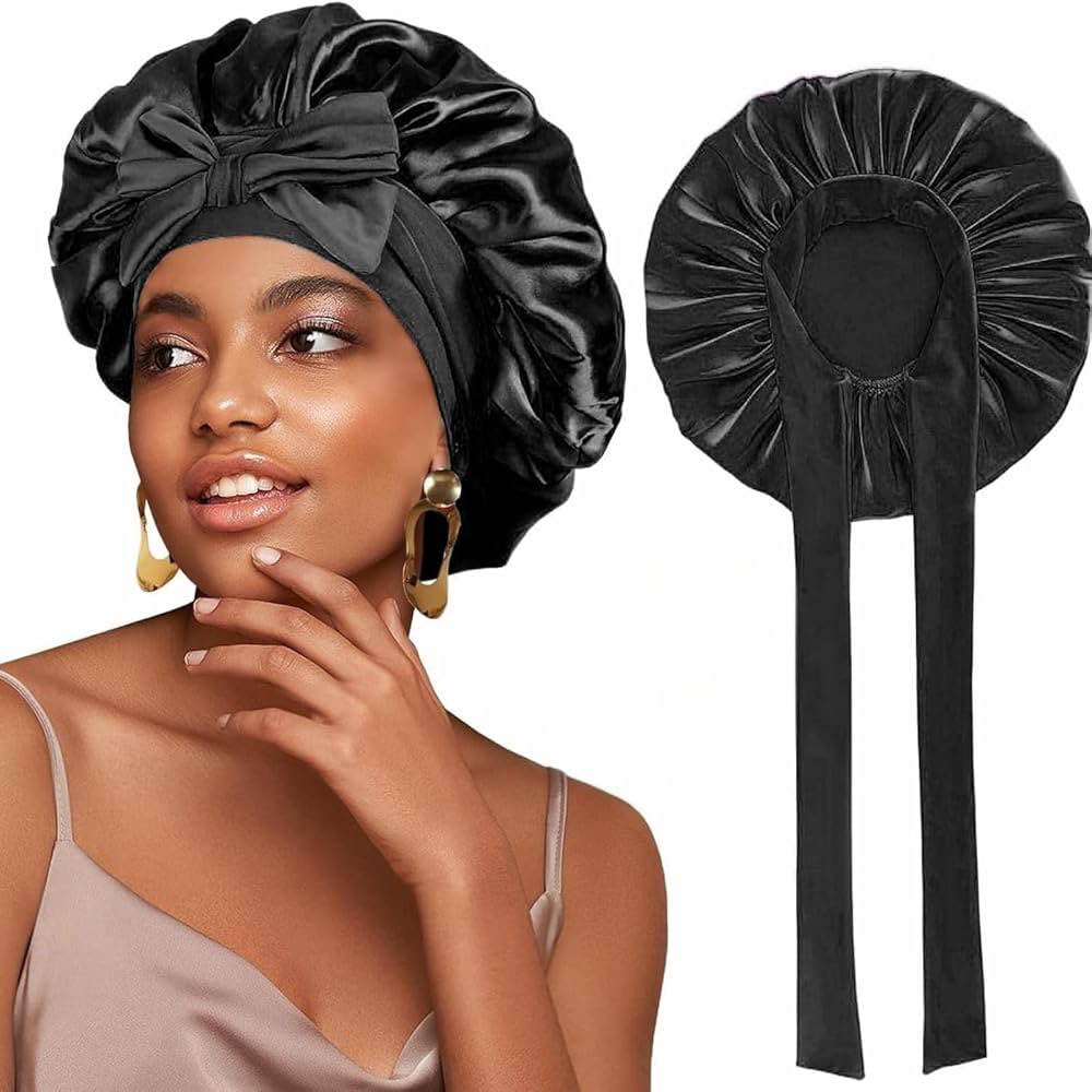 silk satin bonnet for sleeping, sleep cap with elastic tie, curly hair wrap cap for women, silky night accessories (black*2)