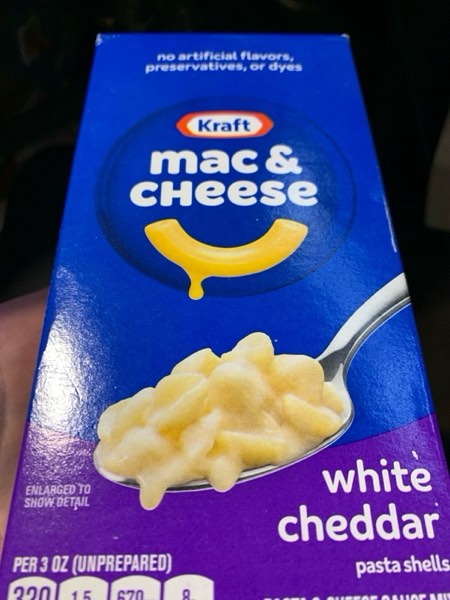 Condition photo showing New/Like New for Kraft White Cheddar Mac & Cheese Macaroni and Cheese Dinner Pasta Shells, 7.3 oz Box 7.3 Ounce (Pack of 1)