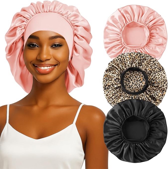 zhensilk 3pcs silk sleep bonnet for women, large satin hair caps with elastic band for curly hair and frizz control