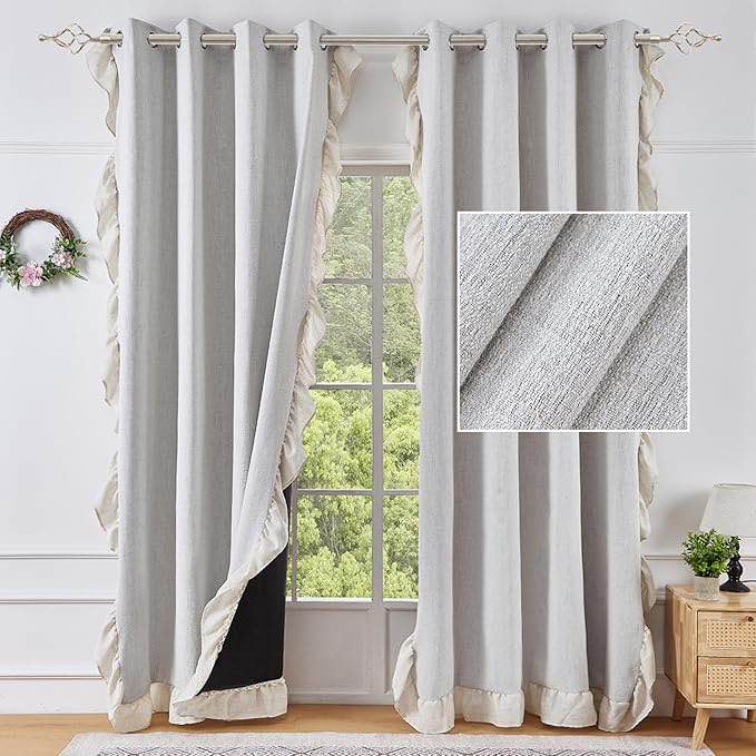 lohut short blackout linen curtains 63 inches length for kitchen ruffle 100% blackout curtains for living room boho curtains grommet top linen textured farmhouse bedroom curtains, glacier gray