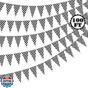 100 ft race car party decorations, pre-assemble checkered flag banner, large plastic hanging pennant banner flags string double-sided black and white checkered decor racing theme party supplies