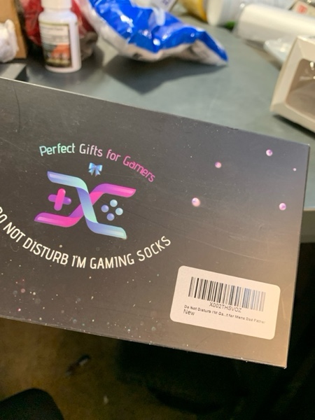 Condition photo showing New/Like New for QAPIZM Do Not Disturb I'M Gaming Socks, Men Gifts Ideas Valentines Day Kids Valentine Boy Gamer Sock Gift for Mens Dad Father Medium White Blue