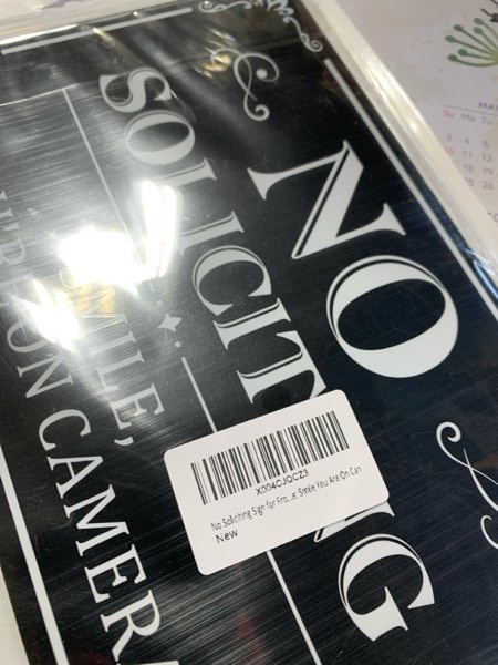 Condition photo showing New/Like New for No Soliciting Sign for Front Door, (2 Pack) Self-adhesive No Soliciting Sign for House, 9 x 6 inches Aluminum Metal Signs for Yard (Style: Smile You Are On Camera)