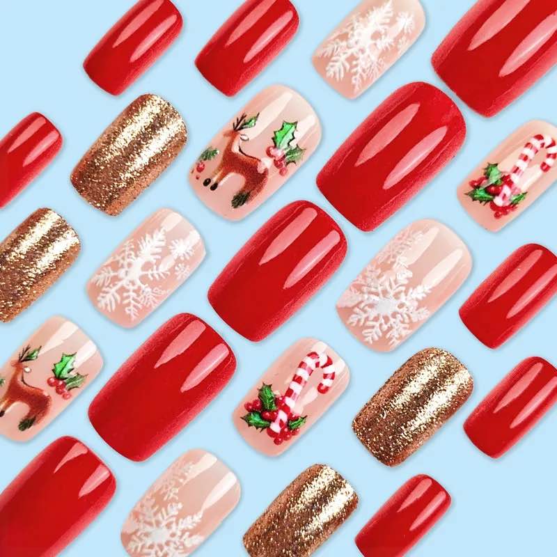 christmas press on nails almond short fake nails with snowflake holly designs glossy red french tip false nail tips christmas nails glue on nails stick on nails for women holiday nail art 24pcs christmas pattern 1