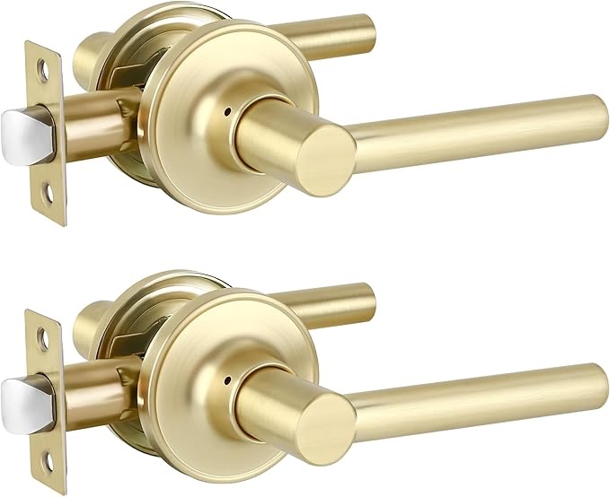 heittis 2 pack satin brass door knobs, gold bathroom door handle privacy door lever for bedroom, privacy lever bed/bath door lockset