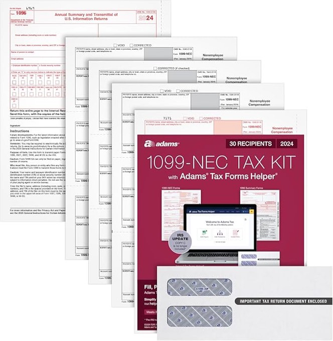 adams 2024 1099 nec tax forms kit for 30 recipients — 4-part 1099 forms, 3 1096 forms, self seal envelopes, access to adams tax forms helper (1009317) 2024 (old version)