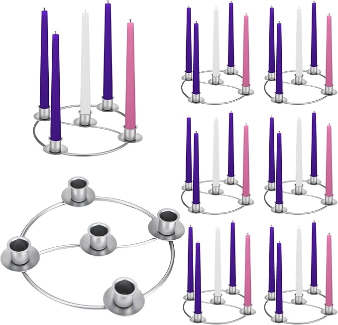LemonRoad 8 Pcs Christmas Advent Wreath Ring 5 Candle Holder Sliver Round Shape Advent Ring Candle Holder Metal Table Decoration for Taper Xmas Festival Home Centerpiece Decor