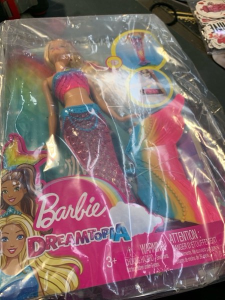 Condition photo showing New/Like New for Barbie Dreamtopia Doll, Rainbow Lights Mermaid with Glimmering Light Up Rainbow Tail, Tiara and Blonde Hair