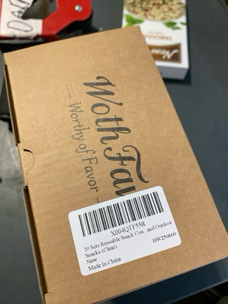 Condition photo showing New/Like New for 20 Sets Reusable Snack Containers with Lids & 20 Sporks – Double Compartment for Portion Control, BPA-Free Leak-Proof Dipping Containers for Meal Prep, Travel, and Outdoor Snacks (Clear)