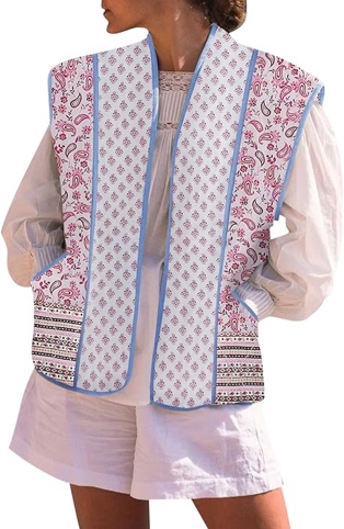 Tankaneo Womens Puffer Quilted Cropped Vest Oversized Floral Patchwork Lightweight Jacket Cap Sleeve Outerwear Vest Light Green X-Large