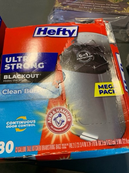 Condition photo showing New/Like New for Hefty Ultra Strong 13 Gallon Trash Bags, Black Tall Kitchen Trash Bags 13 Gallon Size, Break Resistant Drawstring Enclosure, Continuous Odor Control, Blackout, Clean Burst Scent, 80 Bags