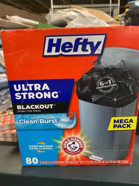 Condition photo showing New/Like New for Hefty Ultra Strong 13 Gallon Trash Bags, Black Tall Kitchen Trash Bags 13 Gallon Size, Break Resistant Drawstring Enclosure, Continuous Odor Control, Blackout, Clean Burst Scent, 80 Bags
