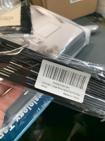 Condition photo showing New/Like New for Large Hand Fan Folding Rave Fans(White)-Premium Glitter Fabric & Portable Bamboo Frame for Line Dancing,EDM Festivals Gift,Club Parties,Kung Fu silver