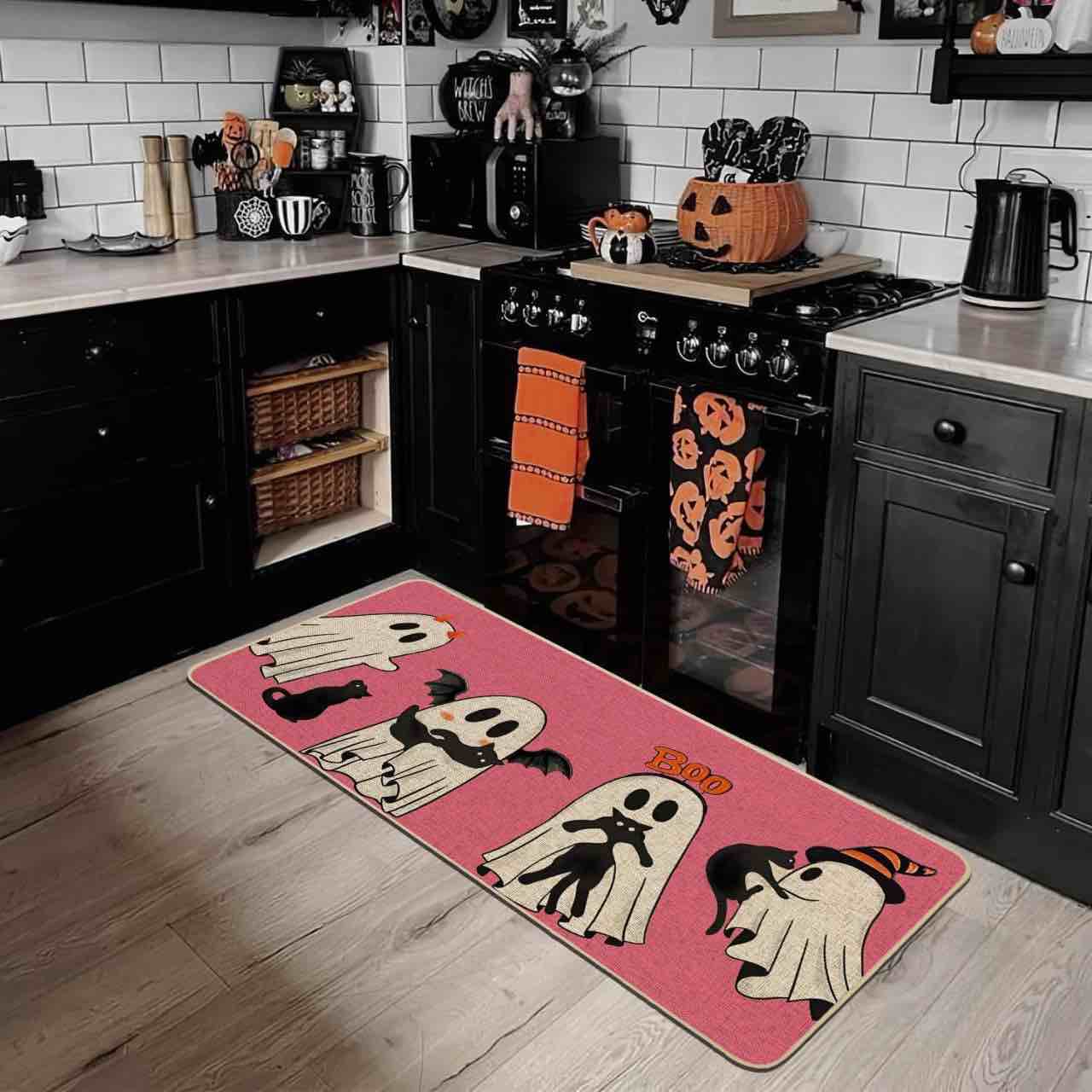 Condition photo showing New/Like New for Baccessor Halloween Pink Ghost Doormat Cute Ghost Bat Cat Halloween Boo Decorative Front Door Mat Non-Slip Rubber Backing Seasonal Entrance Floor Decoration 17 x 36 Inch
