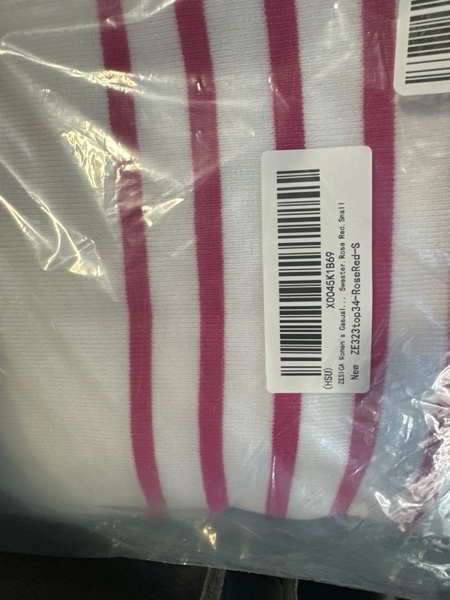 Condition photo showing New/Like New for ZESICA Women's Casual Striped Tops Short Sleeve Crew Neck Ribbed Knit T Shirts Comfy Loose Basic Pullover Sweater Rosered Small