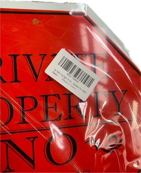 Condition photo showing New/Like New for No Soliciting Sign for House — Large Private Property No Trespassing Sign — 10 x 10 Inches No Loitering Aluminum Metal Sign with 28 Inches Long Stakes for Outdoor Yard (RED/BLACK)