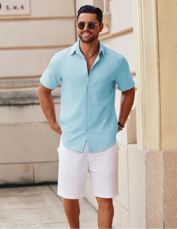 COOFANDY Men's Linen Textured Shirt Button Up Short Sleeve Shirt Summer Casual Beach Shirts Light Blue