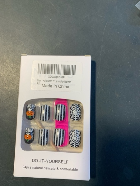 Condition photo showing New/Like New for Halloween Press on Nails Black Short Square Fake Nails with Pumpkin Bones Design Eyeballs Skeleton False Nails Glossy Stick on Nail Holiday Dots Glue on Nail for Women Manicure 24Pcs pattern26