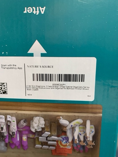 Condition photo showing New/Like New for 2 Pack Under Sink Organizer 2 Tier Sliding Cabinet Organizers Multi-Purpose Sink Storage Basket L-Shape Narrow Space Storage Shelves with 4 Hook for Kitchen Bathroom Drawer, Black 2 pack Black