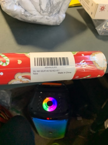 Condition photo showing New/Like New for MAYPLUSS Red Christmas Wrapping Paper Roll - 17IN X 33FT - Santa Gift Wrapping Paper Featuring Santa Claus Gingerbread Christmas Tree HO Candy Cane Reversible Gold for Kids, Holiday, New Year Red Santa Head