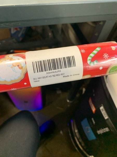 Condition photo showing New/Like New for MAYPLUSS Red Christmas Wrapping Paper Roll - 17IN X 33FT - Santa Gift Wrapping Paper Featuring Santa Claus Gingerbread Christmas Tree HO Candy Cane Reversible Gold for Kids, Holiday, New Year Red Santa Head