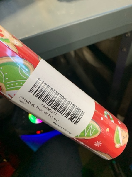 Condition photo showing New/Like New for MAYPLUSS Red Christmas Wrapping Paper Roll - 17IN X 33FT - Santa Gift Wrapping Paper Featuring Santa Claus Gingerbread Christmas Tree HO Candy Cane Reversible Gold for Kids, Holiday, New Year Red Santa Head