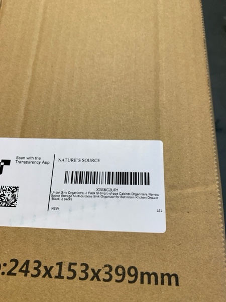 Condition photo showing New/Like New for 2 Pack Under Sink Organizer 2 Tier Sliding Cabinet Organizers Multi-Purpose Sink Storage Basket L-Shape Narrow Space Storage Shelves with 4 Hook for Kitchen Bathroom Drawer, Black 2 pack Black