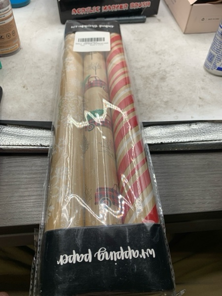 Condition photo showing New/Like New for MAYPLUSS Christmas Wrapping Paper Roll - 17in x 120in Per roll - Christmas Kraft Paper roll White Snowflake Red Truck,Stripefor Party,Birthday, Wedding,Anniversary (42.3 sqft) Brown and Red